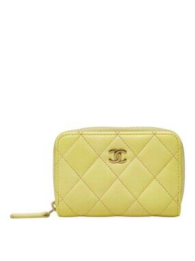 Chanel Quilted CC Logo Mini Round Zip Coin Purse Card Case Lemon Yellow Gold